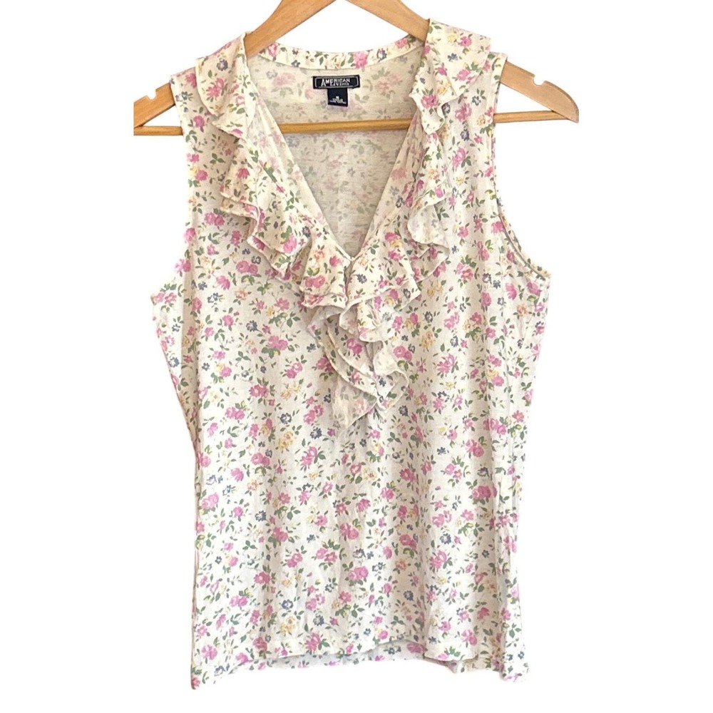 Y2K American Living Tank Top Cottagecore Coquette Floral Ruffle Collar V-Neck S